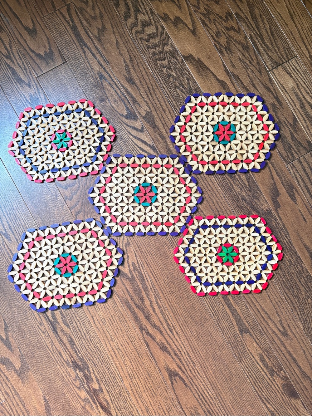 Set of Five Hexagonal Wooden Beaded Trivets Natural Red Purple Green
